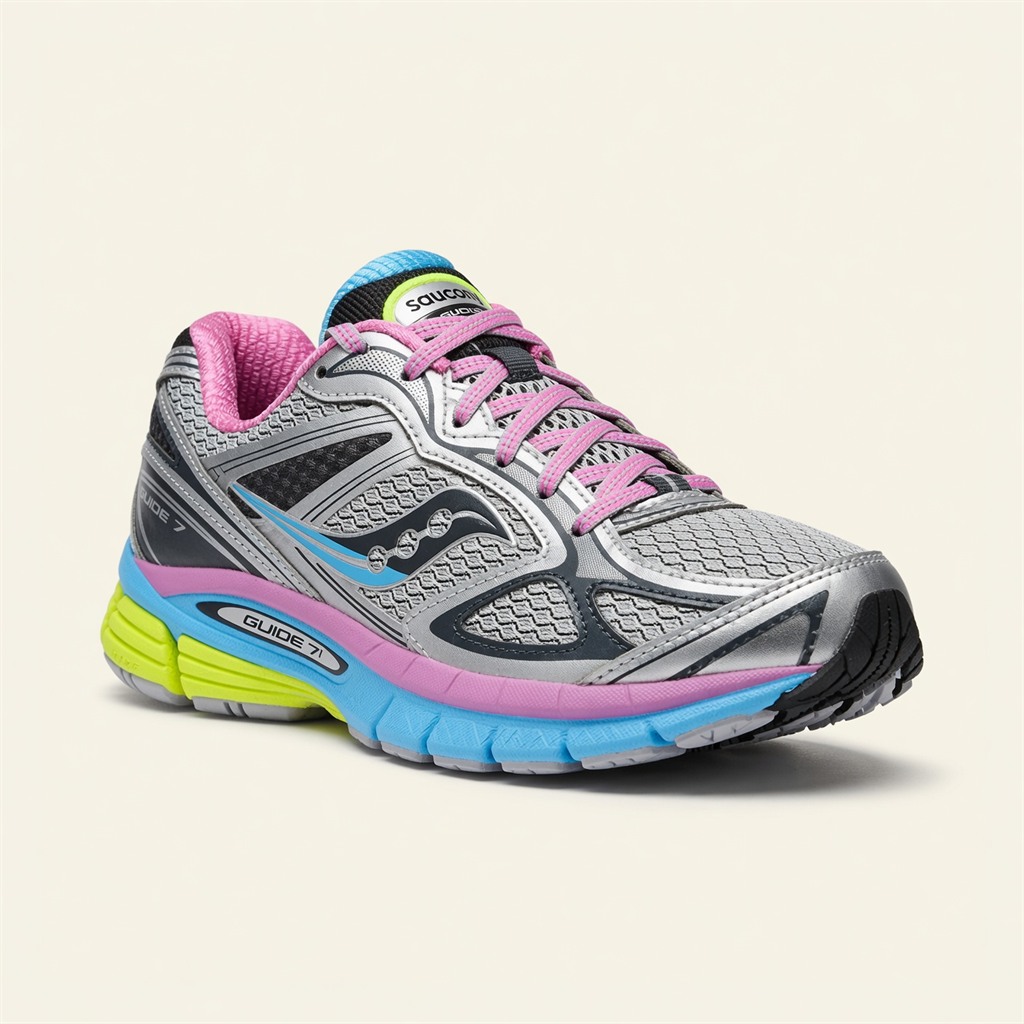 Saucony ProGrid Guide 7 — Gris / Rose / Bleu / Jaune Néon vue 2
