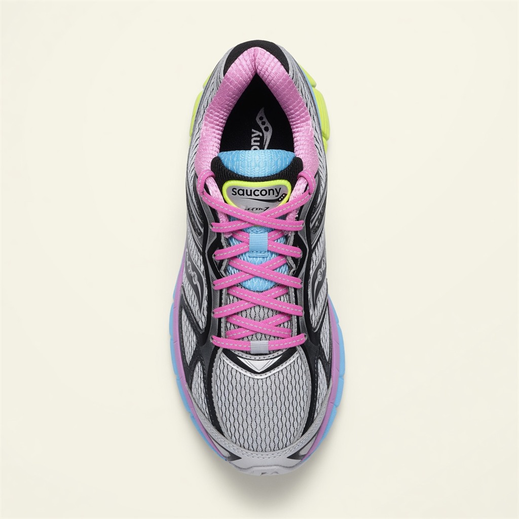 Saucony ProGrid Guide 7 — Gris / Rose / Bleu / Jaune Néon vue 4