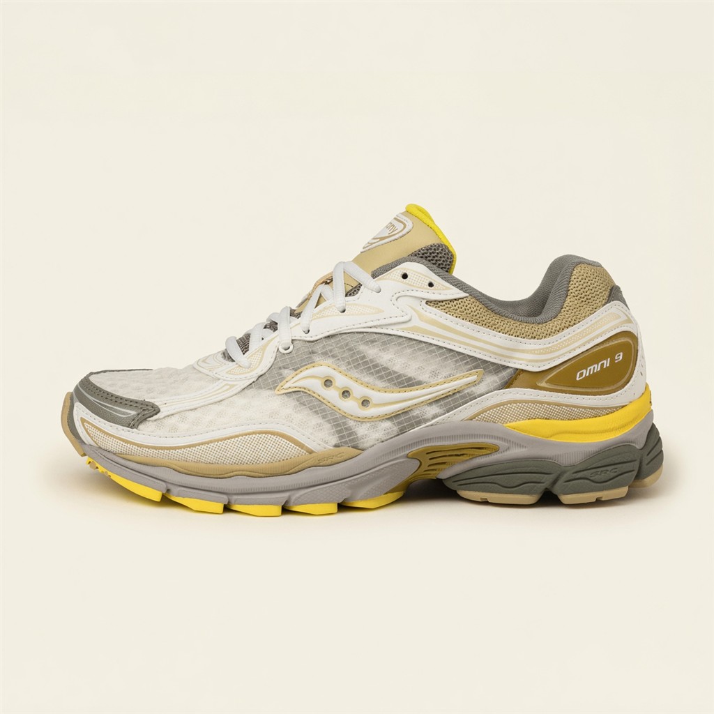 Saucony ProGrid Omni 9 — Blanc / Kaki / Jaune