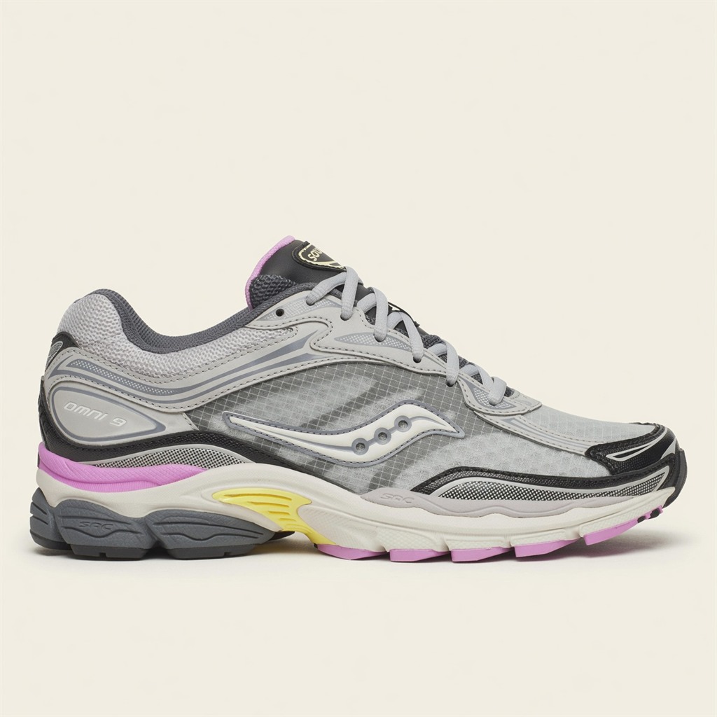 Saucony ProGrid Omni 9 — Gris / Violet / Jaune